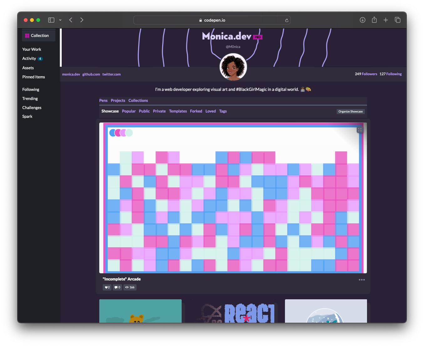 Screenshot of Monica's Codepen profile