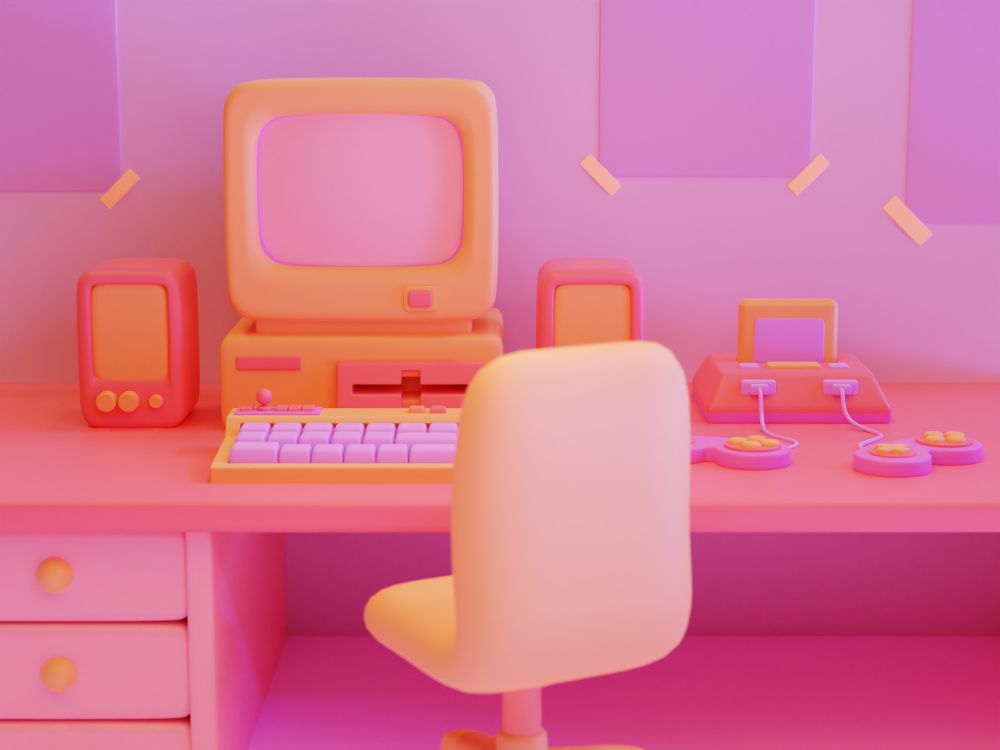 3D Rendering of a vibrant pink and orange desktop setup that is slightly abstract.